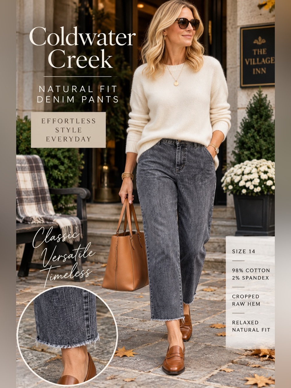 Coldwater Creek Natural Fit Gray Denim Pants 14 Cropped Raw Hem Stretch